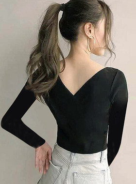 露背黑色t恤女棉舞蹈服前后双V领