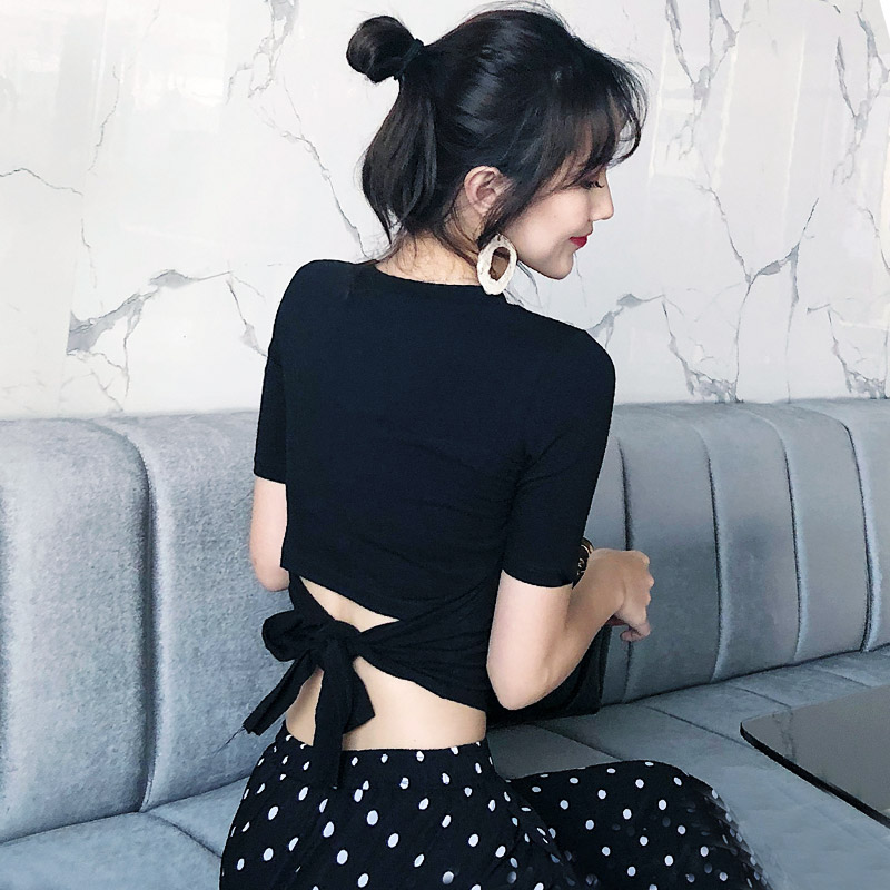 露背短袖t恤女2025新款系带绑带棉打底衫瑜伽舞蹈服短款露脐上衣