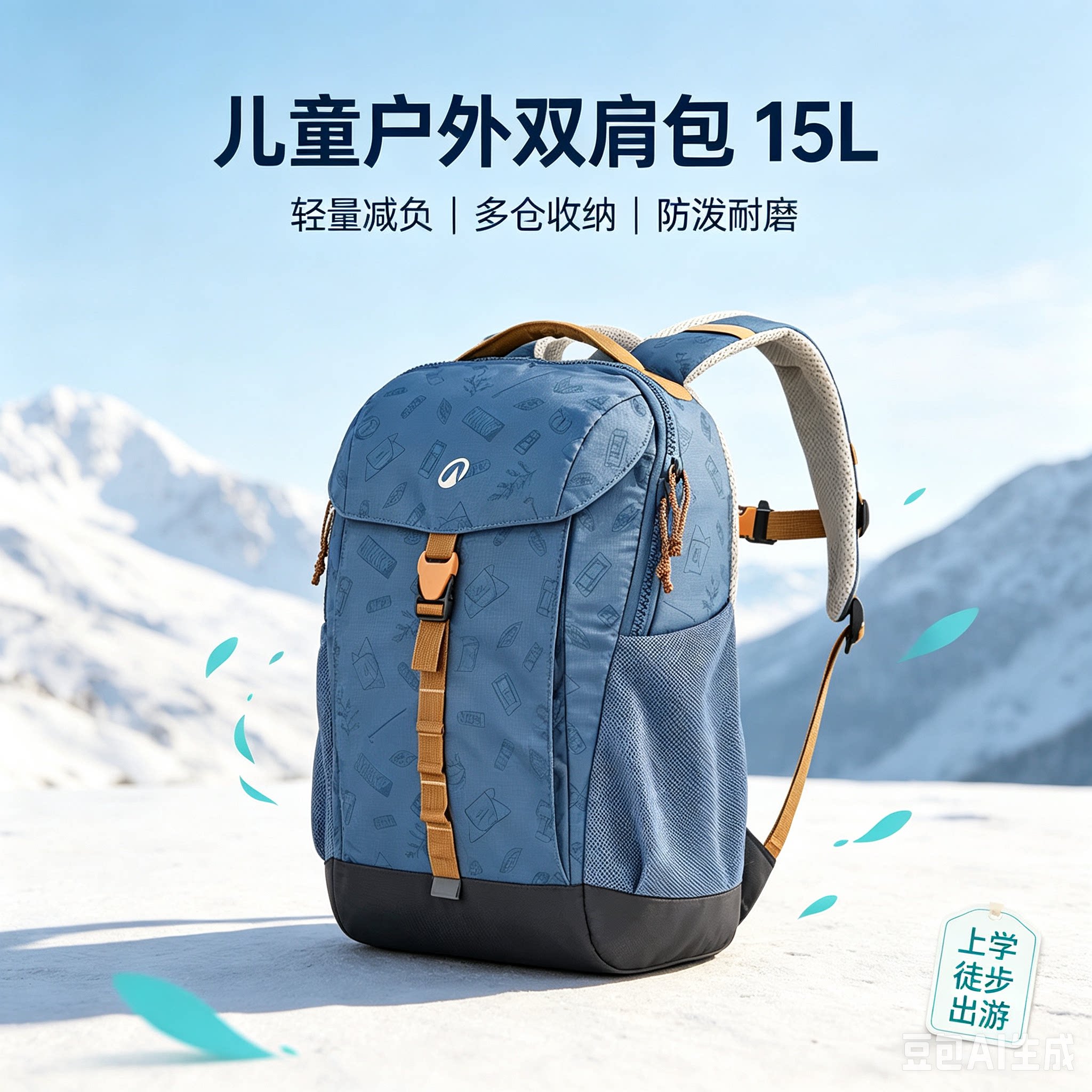 迪家儿童户外双肩包 15L大容量 山系风浅蓝印花休闲背包 学生书包