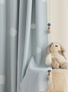 儿童房窗帘女孩男孩卧室飘窗雪尼尔遮光定制蓝色卡通云朵窗纱云梦