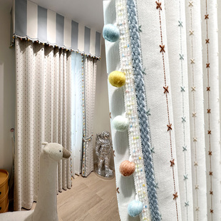 儿童房窗帘女男孩费尔岛奶油风卧室飘窗雪尼尔提花遮光窗帘深符号