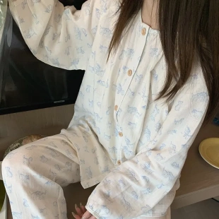 多色入 纯棉双层纱布素描猫咪宽松韩版 甜美日韩女家居服睡衣套装