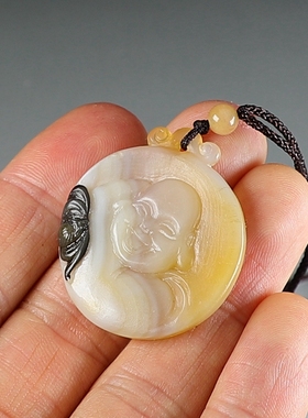 [原创]纯手工雕刻玛瑙佛引福至挂件 天然俏色吊坠 楼叔孤品