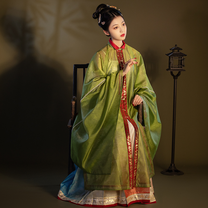 【砚滨纱】明制汉服暗纹纱织金立领全贴边对襟长衫马面裙-清影