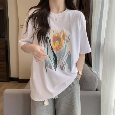 辣妈哺乳上衣外出夏新款圆领时尚印花宽松休闲纯棉短袖T恤喂奶衣