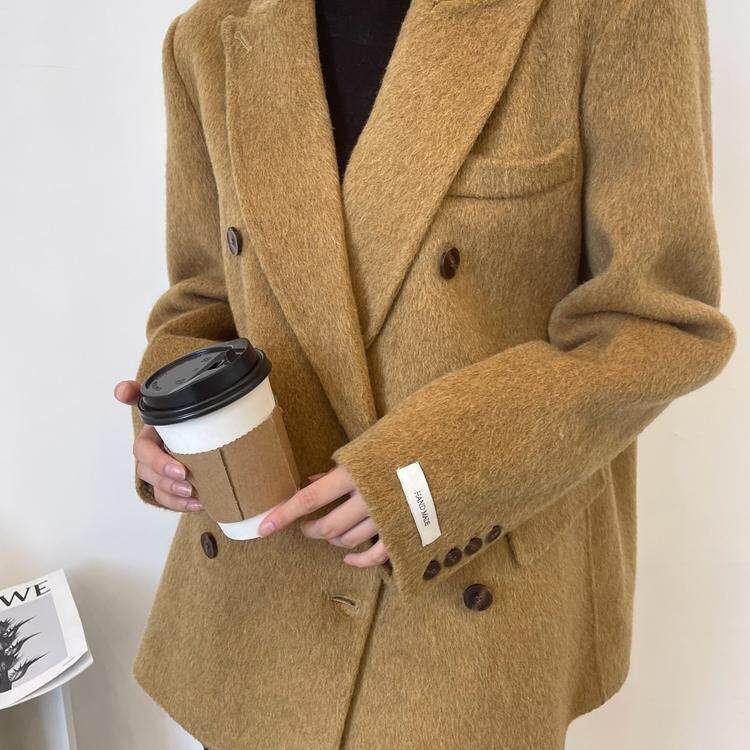双面羊毛大衣女短款2024年新款长毛生态绒高端羊毛双排扣外套女