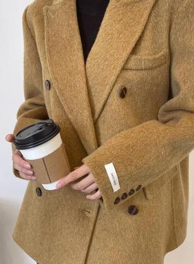双面羊毛大衣女短款2024年新款长毛生态绒高端羊毛双排扣外套女