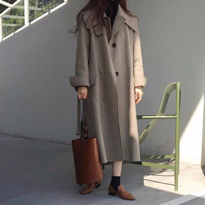 秋冬中长款直筒单排扣呢子羊毛大衣女士韩版简约通勤双面羊绒大衣