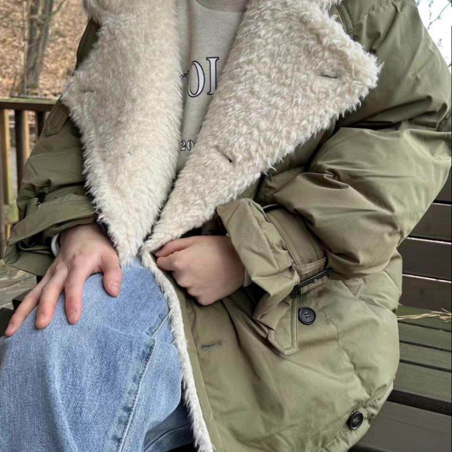 24年新款韩国东大门加厚双排扣羊羔毛大翻领气质羽绒棉服外套冬女