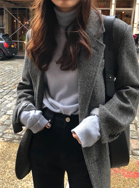 DRAN-100122韩版宽松人字纹西装百搭上衣秋冬显瘦手缝羊毛外套