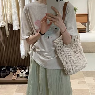 【直播选款】韩系小鱼刺绣印花短袖T恤女宽松圆领松弛风防晒上衣