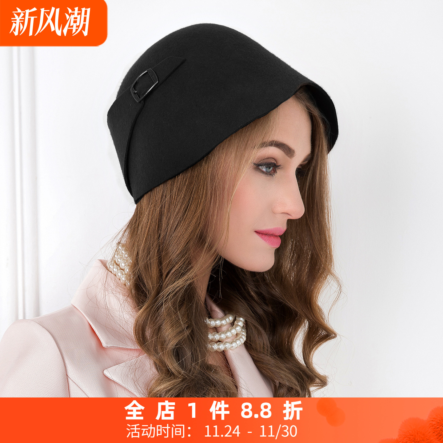 EE帽子女秋冬英伦羊毛帽秋天潮休闲百搭女士呢子帽韩版青年小礼帽