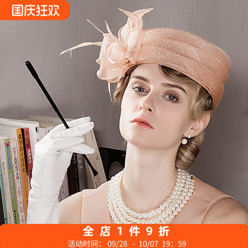 网纱麻纱英伦礼帽花朵装饰平顶帽