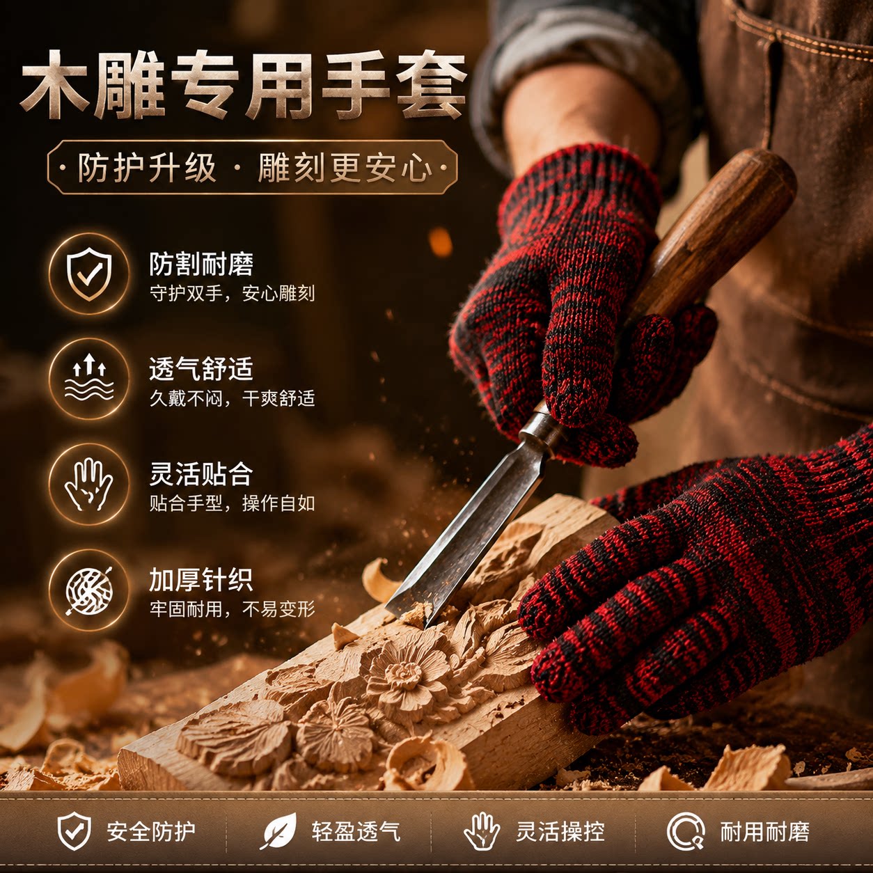 木雕专用手套耐磨不烂透气柔软防滑木作雕刻棉纱防护劳保加厚手套