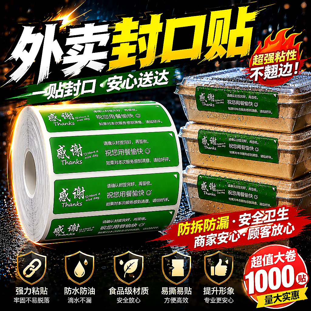 外卖封口贴超强黏力防水防油定制