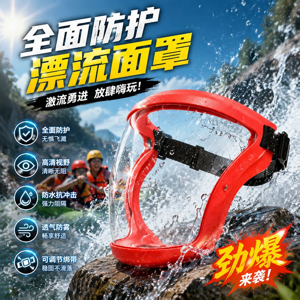 漂流面罩防水专用全脸防护打水仗防泼水装备高清防雾可戴近视眼镜