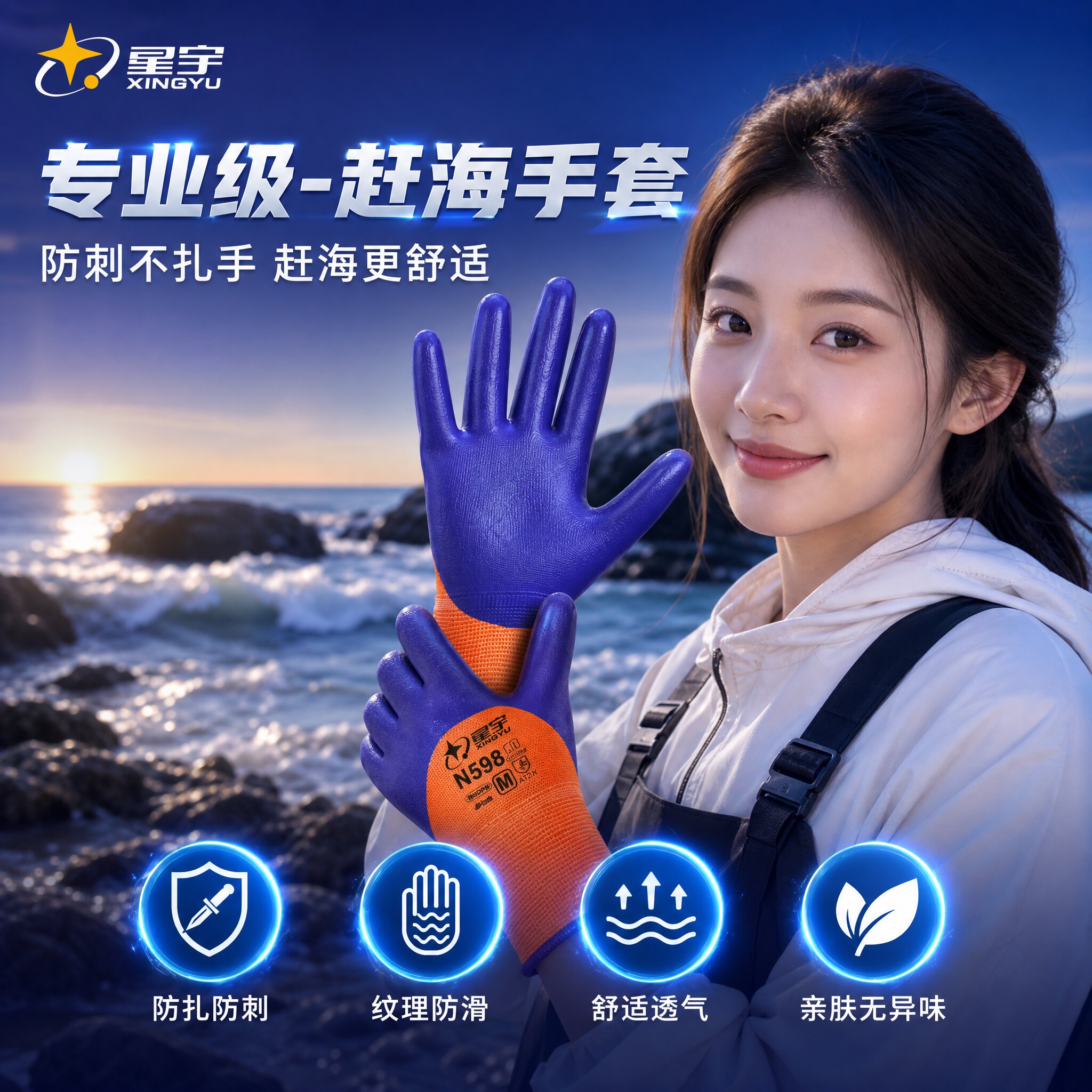 抓鱼赶海防割手套防水防刺防扎带胶防护手套杀鱼水产抓螃蟹专用