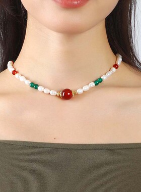 新中式妈妈款天然珍珠项链女短款秋冬款百搭玛瑙锁骨链独特礼物