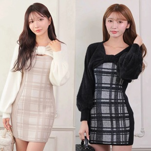 LUCKY/Mlipservice日系清楚系收腰显瘦吊带针织连衣裙罩衫套装