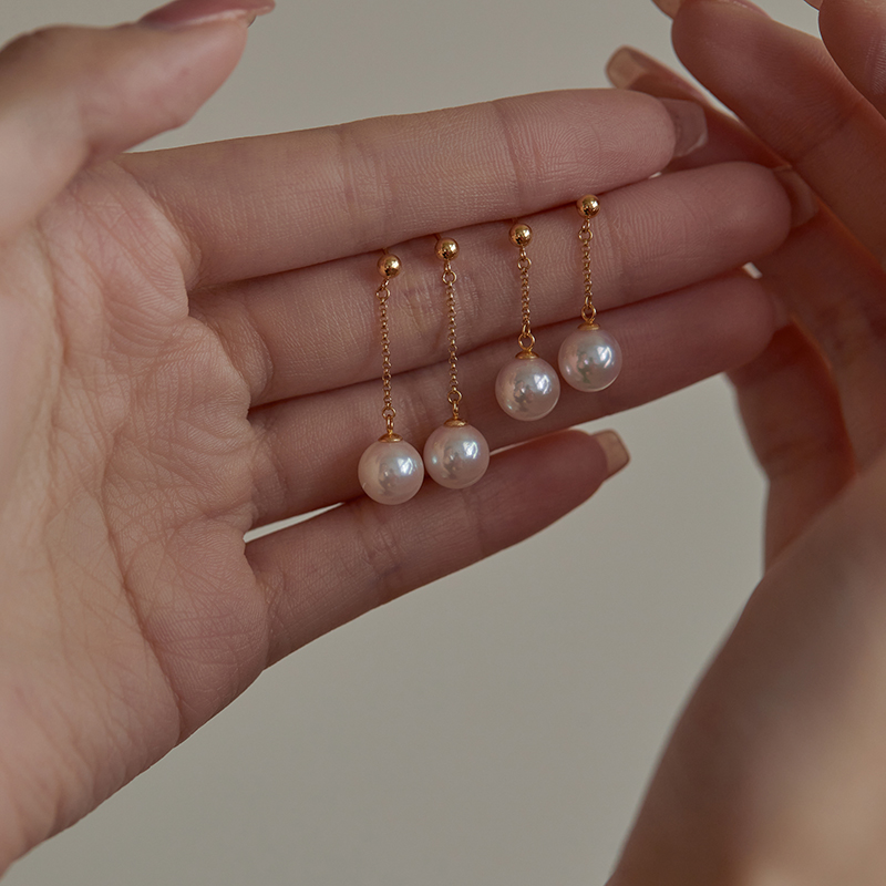 Akoya海水珍珠耳饰女耳环正圆18K金长款风在吹耳线小灯泡叁陆珠宝