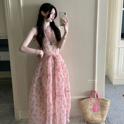 正品 DARA ROSE 夏季甜美少女粉色碎花无袖收腰连衣裙 S9569
