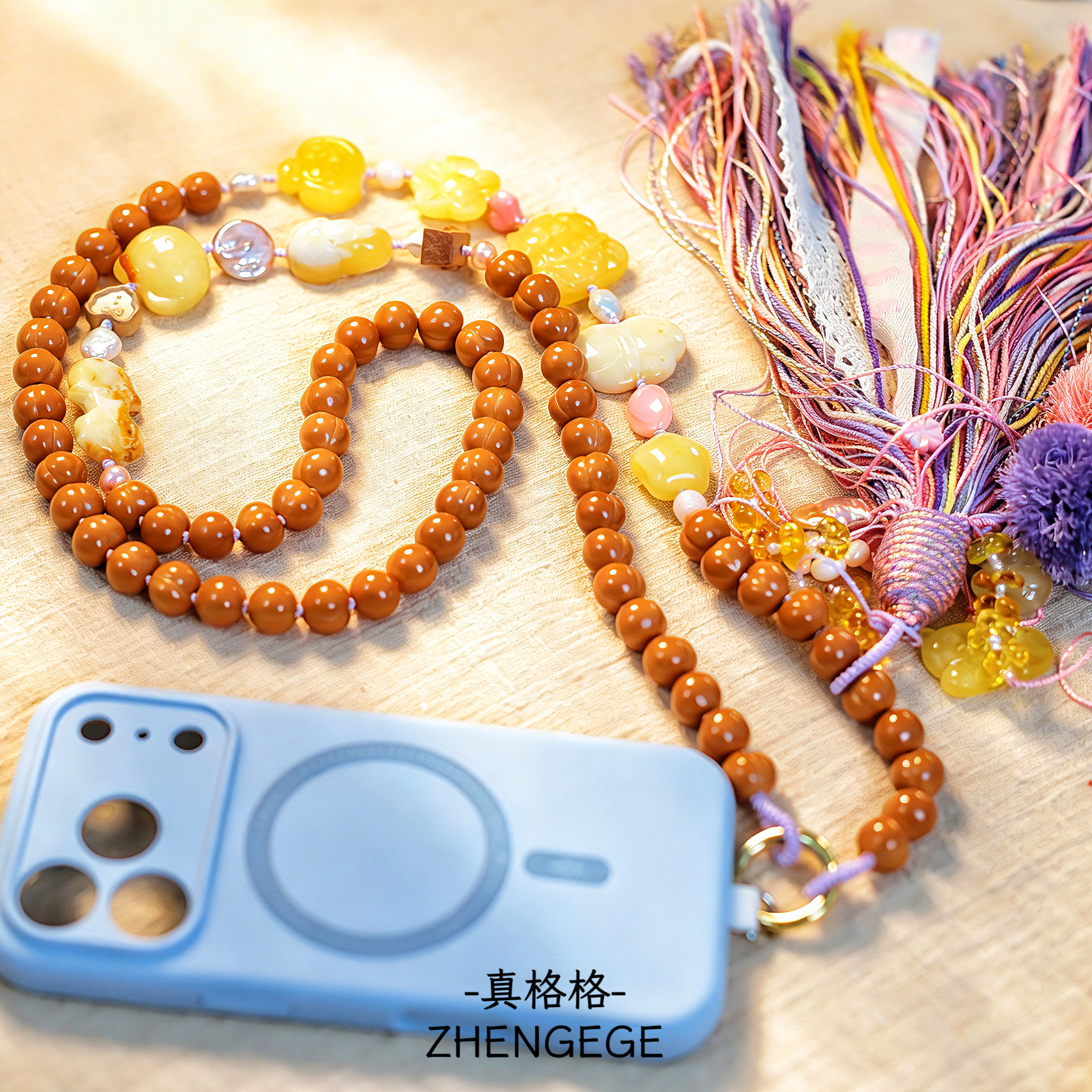 蜜蜡灵猫多宝手机斜跨粉紫撞色毛手机挂件/手机链