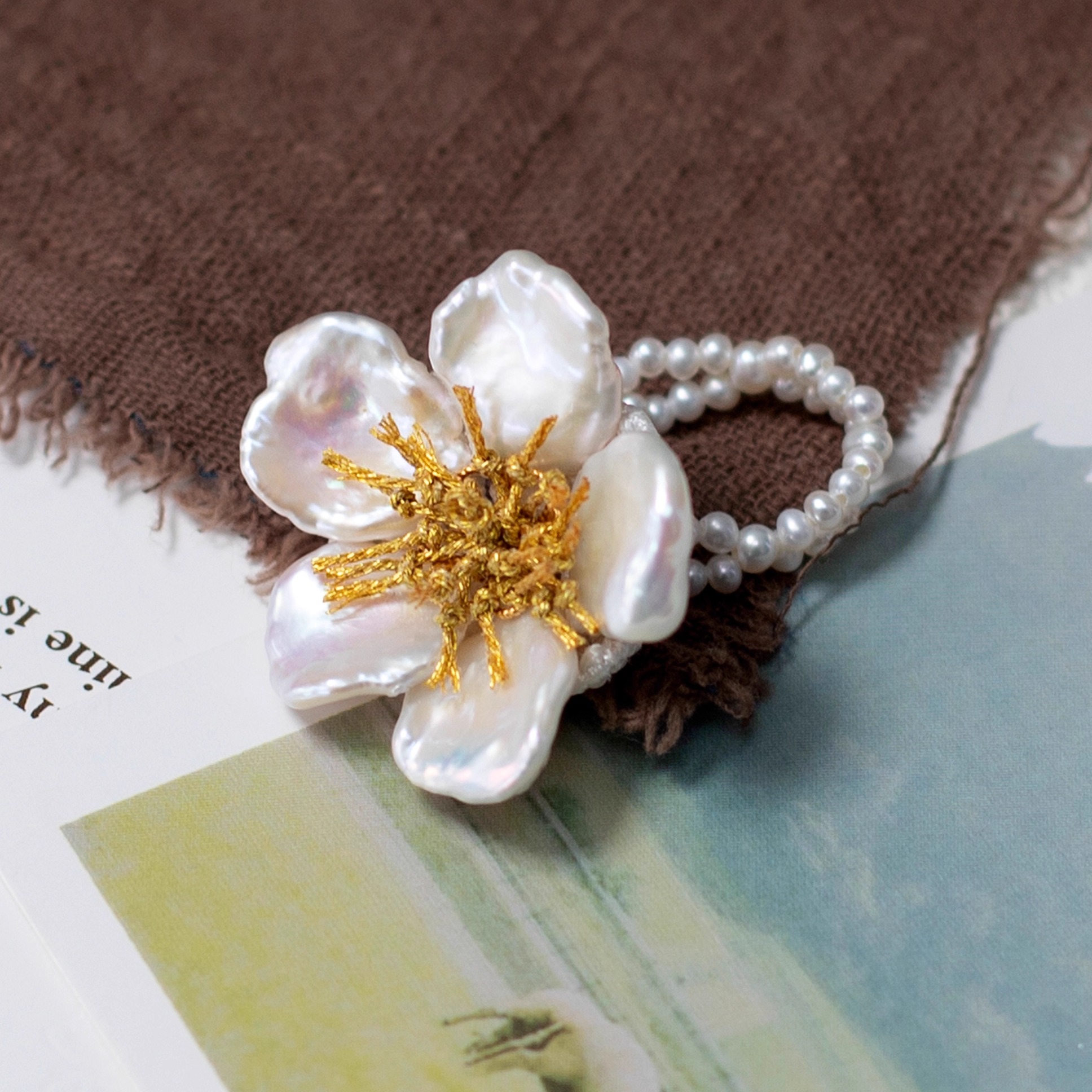 珍珠花朵戒指小米珠多股弹力绳戒