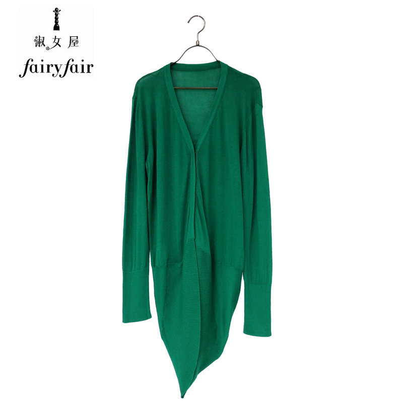秋款 FAIRYFAIR正品深绿色中长款V领休闲棉线开衫针织衫薄款外套