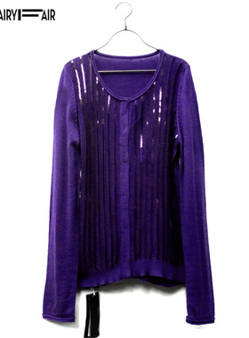 春秋款 FAIRYFAIR 正品 紫色圆领竖条亮片装饰暗扣羊毛开衫毛衣女