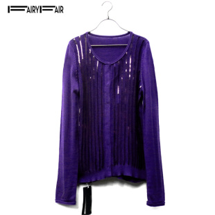 春秋款 FAIRYFAIR 正品 紫色圆领竖条亮片装饰暗扣羊毛开衫毛衣女