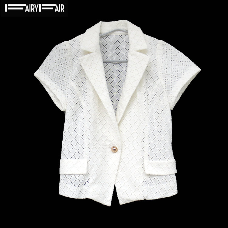 FAIRYFAIR 正品 米色纯棉百搭镂空修身短袖外套女 春夏装