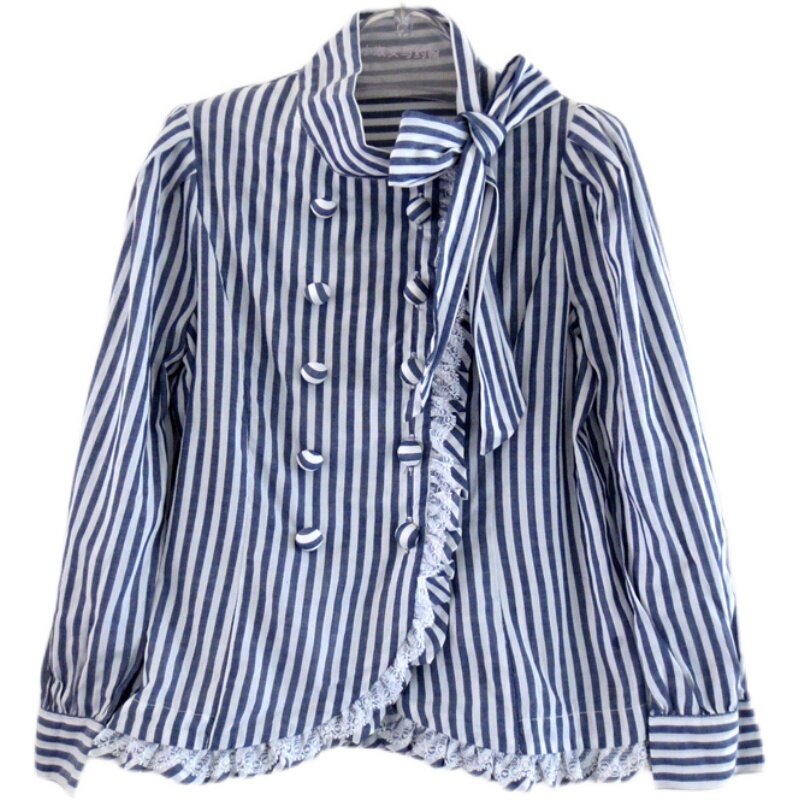 春装 小淑女与约翰专柜正品黑白中条纯棉蕾丝边绑带长袖衬衫女童