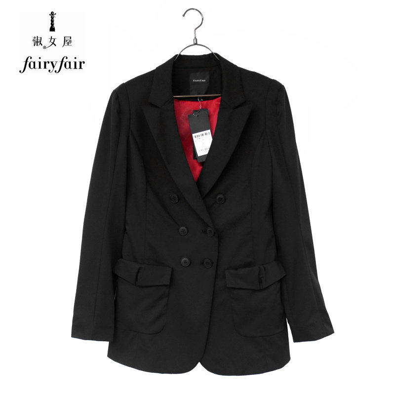 春装FAIRYFAIR正品黑色双排扣口袋职场范中长款高端西装女外套