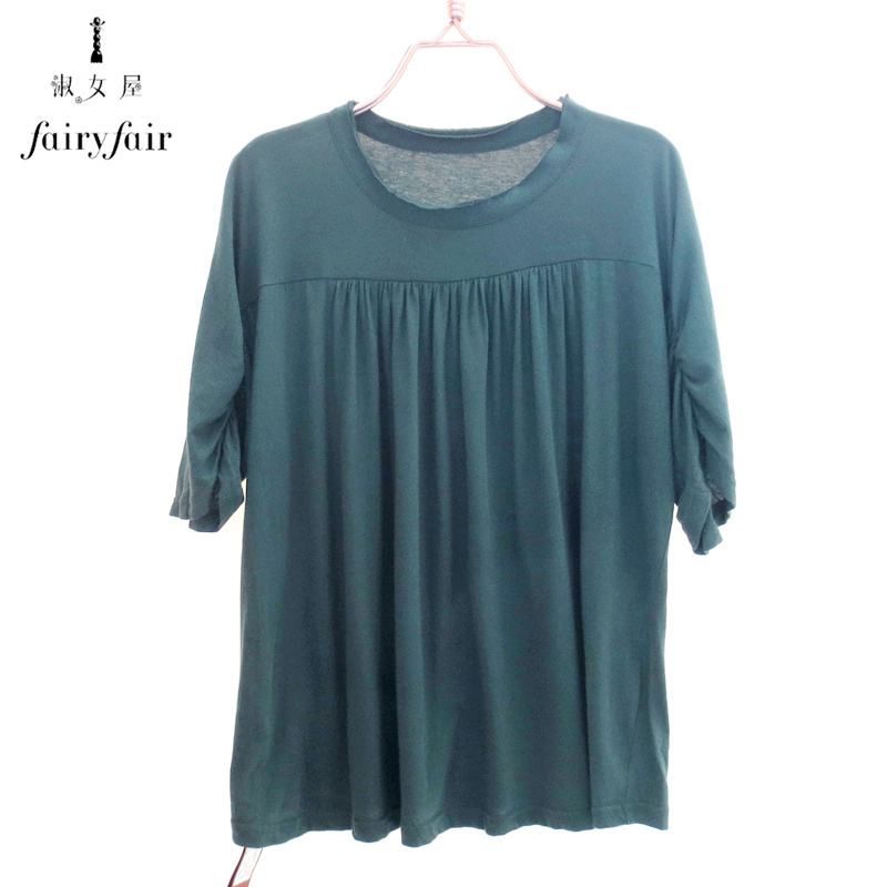 短袖淑女薄宽松褶皱T恤纯棉女