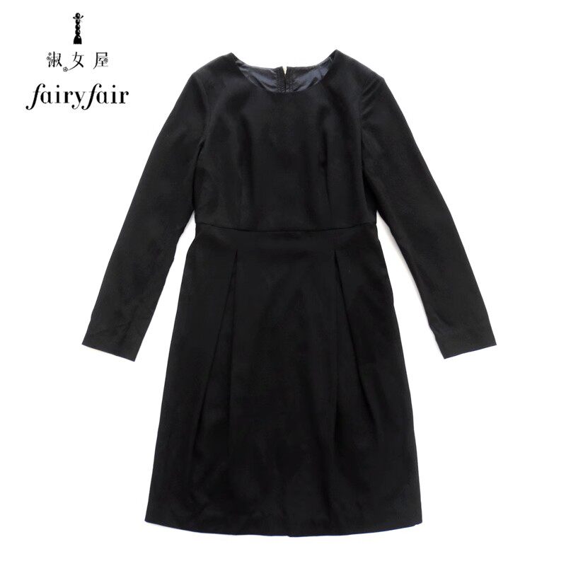 FAIRYFIAR品牌正品春秋季优雅风黑色修身口袋圆领拉链长袖连衣裙
