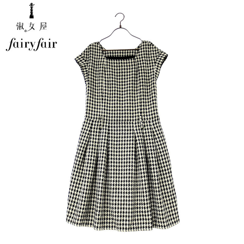 秋冬FAIRYFAIR正品黑米金属丝千鸟格四方领加厚修身羊毛呢连衣裙