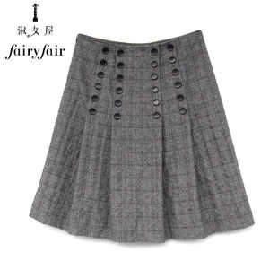 FAIRYFAIR  灰白格子纽扣装饰羊毛呢百褶裙六分裙冬装半身裙