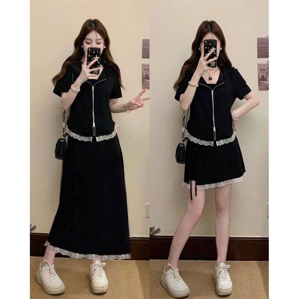 大码夏季新款胖MM显瘦蕾丝拼接连帽上衣半身裙子休闲两件套装裙子