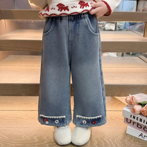 女童牛仔裤阔腿裤加绒加厚