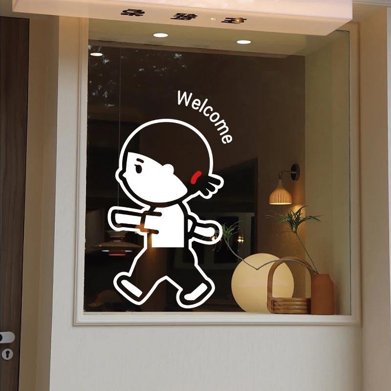 欢迎光临向左走向右走卡通装饰贴纸服装咖啡奶茶店橱窗玻璃墙贴