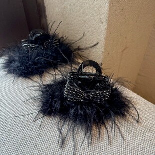 纯欲风黑色羽毛水钻大号抓夹高级感时尚后脑勺盘发鲨鱼夹气质发卡