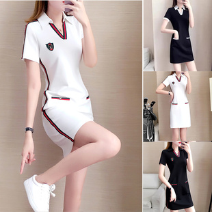 夏装新款韩国高尔夫裙子女连衣裙短袖polo裙弹力修身显瘦运动长裙