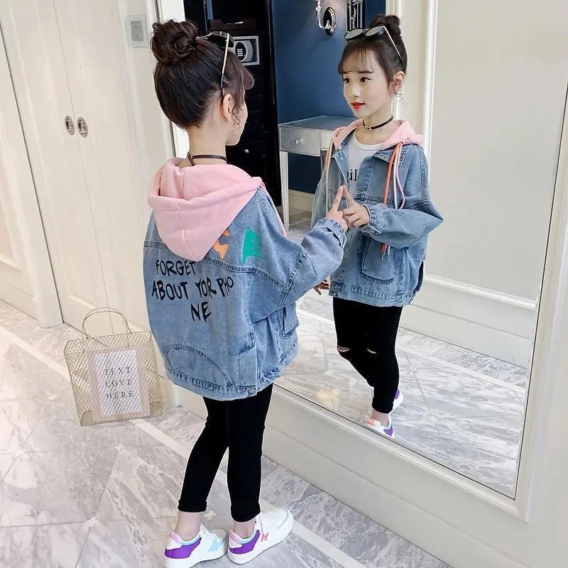 女童牛仔外套2024春季新款韩版中大童春装儿童连帽可拆卸夹克上衣