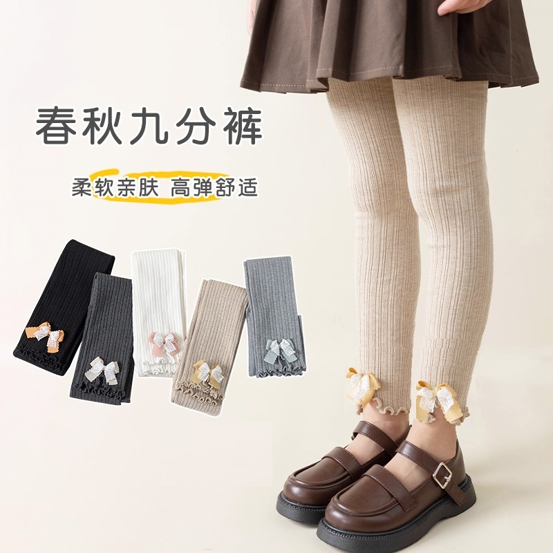 女童连裤袜春秋蝴蝶结秋九分儿童纯色打底裤连脚女宝宝中厚打底