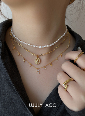 韩国十字架锆石人像珍珠项链颈链