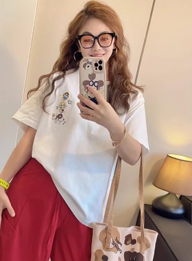 Yong will小羊纸袋3820三只塔塔纯棉刺绣加厚短袖T恤简约韩版