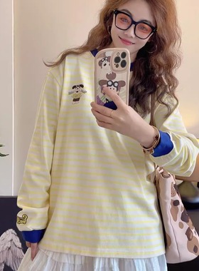 Yong will小羊纸袋1178大耳朵狗纯棉条纹长袖T恤打底宽松韩系秋