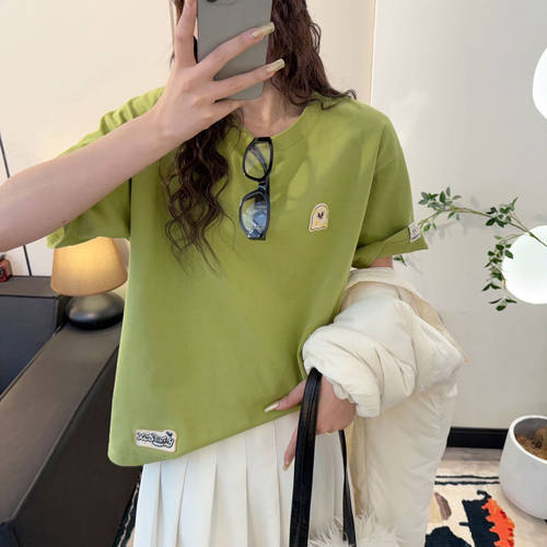 涂鸦后背线绣圆领宽松双纱T恤