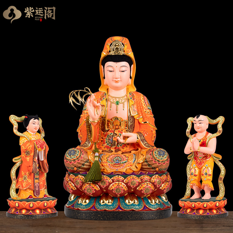 木雕刻观音娘娘左右护法金童玉女