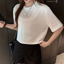 款全慵懒风圆领白色半袖棉侧正肩严选女宽松开叉T恤上衣基础短款